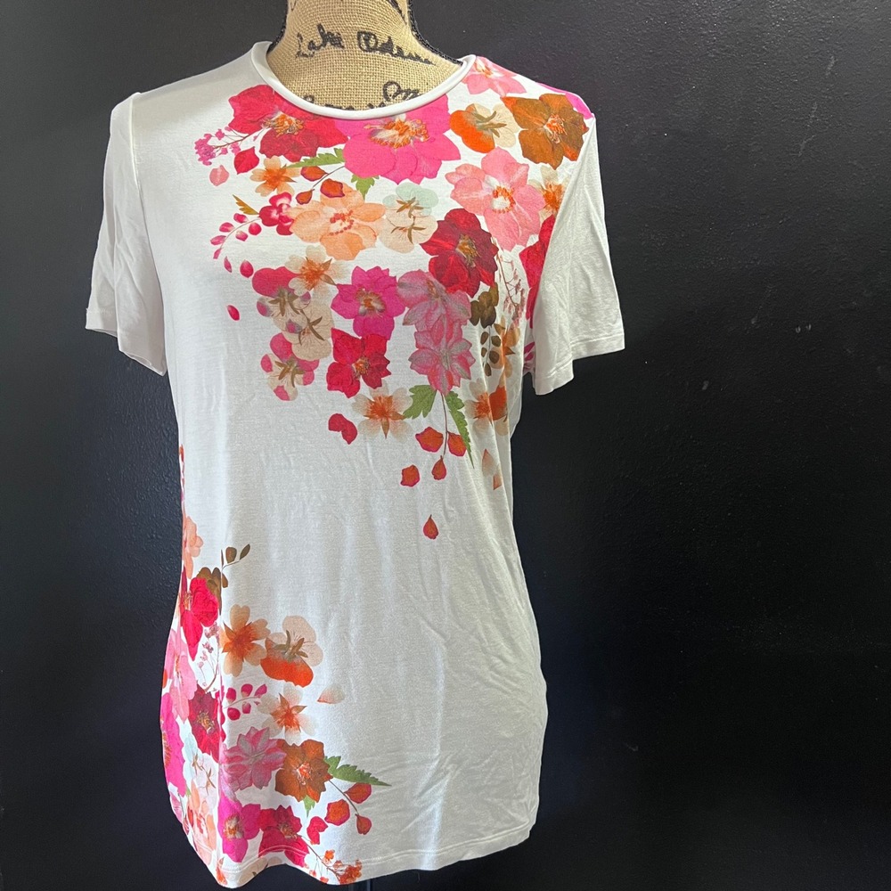 Ted Baker London Bellary White Floral Print Short Sleeve T-Shirt Size 5 Colorful